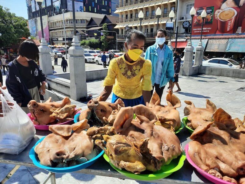 Nakhon Ratchasima (Korat) provinciehoofdstad 4 Gekookte varkenskoppen voor Ya Mo © Bert Sitters